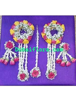 Bridal Jewelry Set with Pink, Yellow baby  Roses & Gypsophila