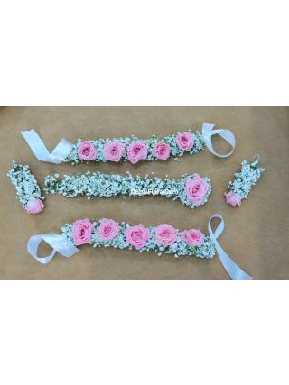 Fresh Flower Bridal Jewelry Set – Baby Pink Roses & White Gypsophila (2 Bracelets, 2 Earrings, 1 Maang Tika)