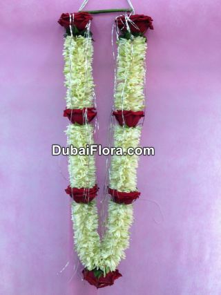 Fresh Tuberose and Red Roses Garland, 30 Inches