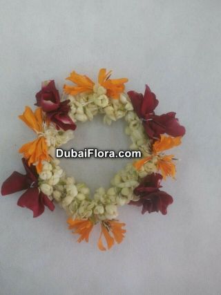 Jasmine Bracelet with Orange & Red Kangan – 2 Pieces Gajra (Fresh Flower Jewellery)