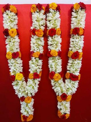 Pair of Tuberose & Red-Yellow Baby Rose Garlands – 30-Inch Fresh Flower Garlands
